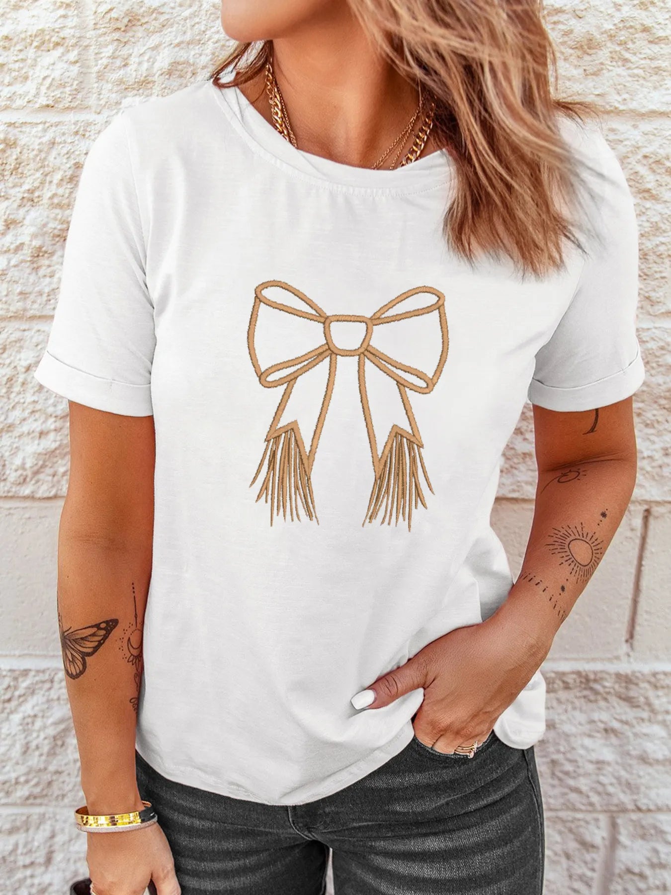 Bowknot Western Round Neck T Shirt OutfitFlow