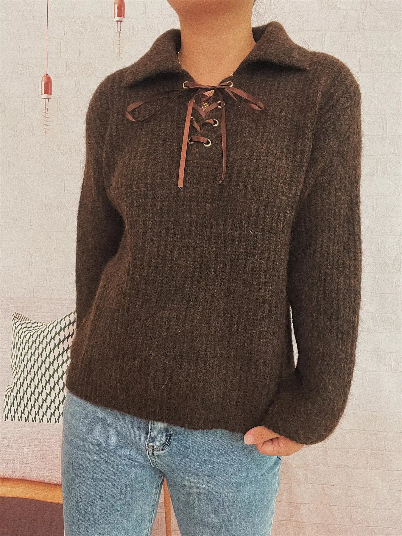Lace Up Long Sleeve Sweater Brown One Size OutfitFlow
