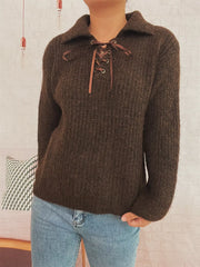 Lace Up Long Sleeve Sweater Brown One Size OutfitFlow