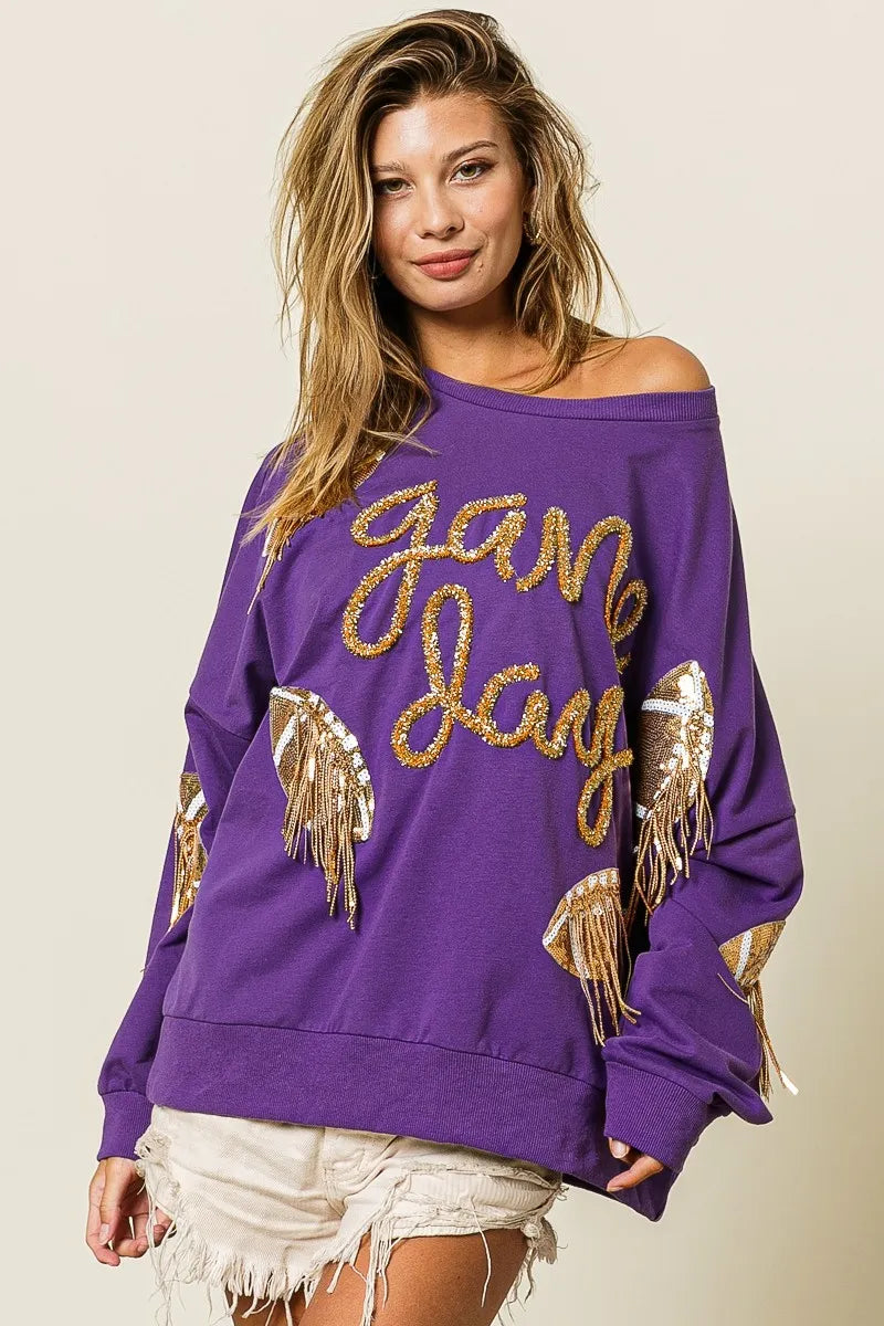 BiBi Sequin Football Patches Game Day Sweatshirt OutfitFlow