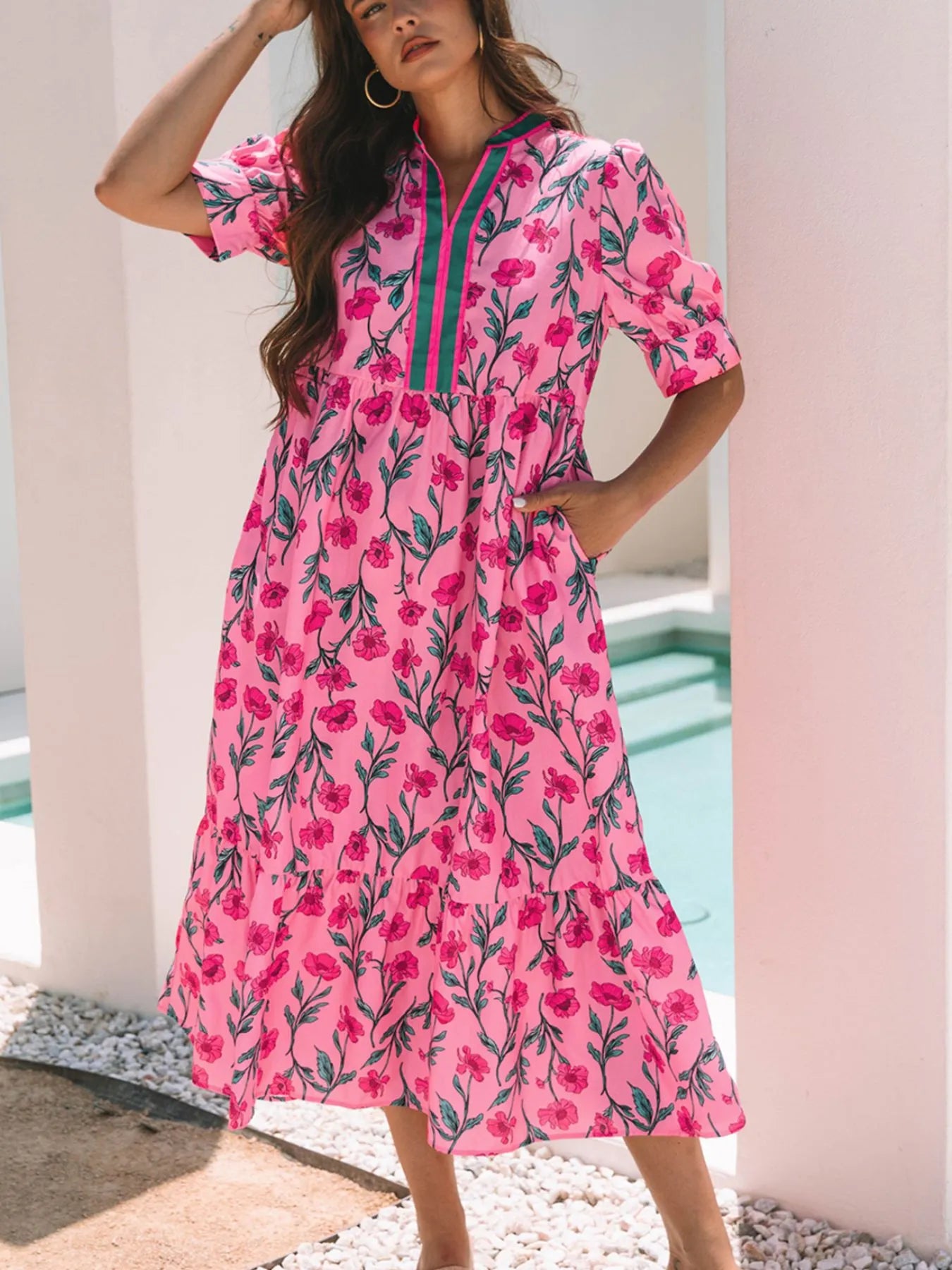 Floral Contrast Neckline A-line Puff Sleeve Dress OutfitFlow