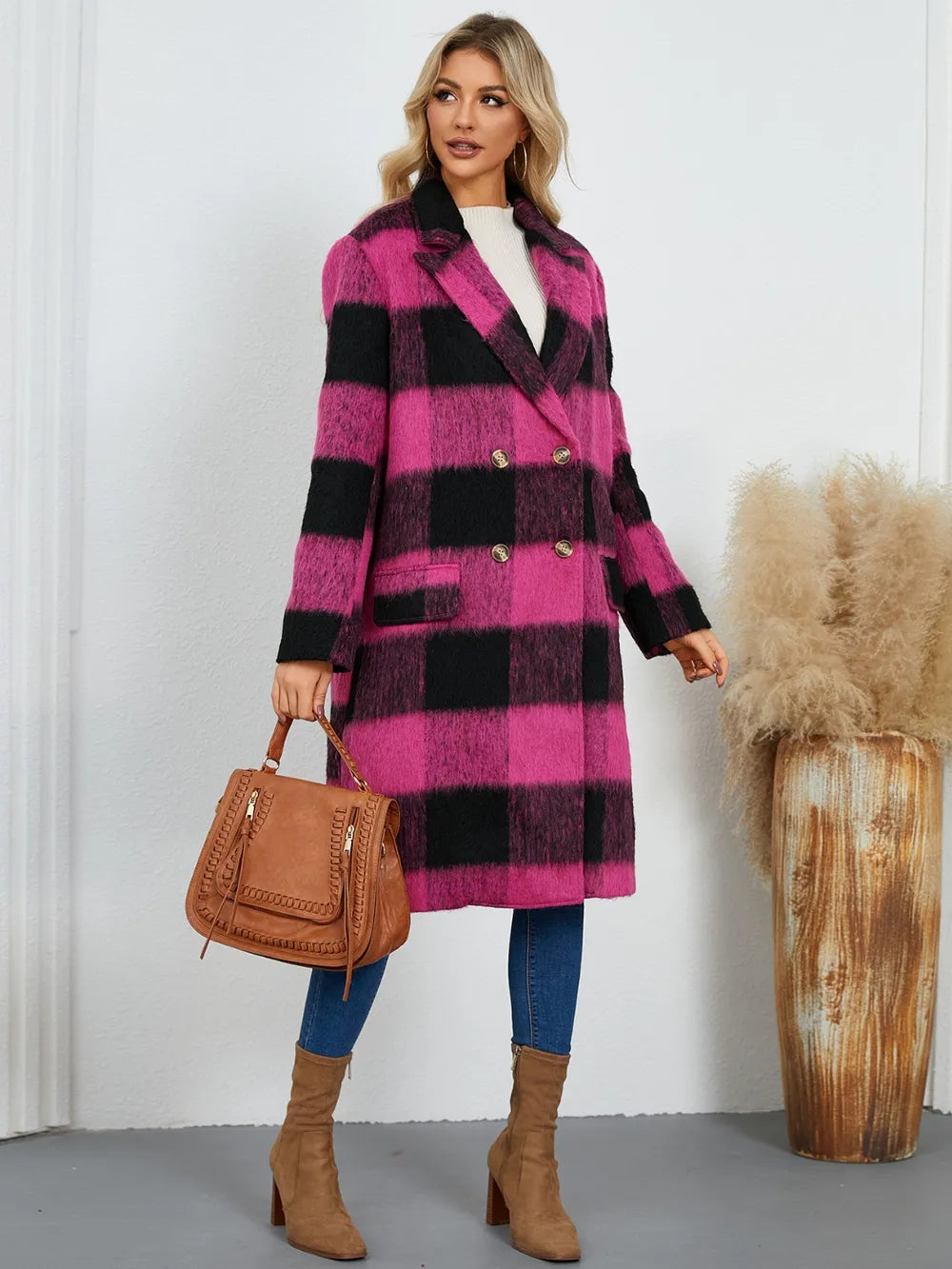 Plaid Double-Breasted Long Sleeve Coat Trendsi