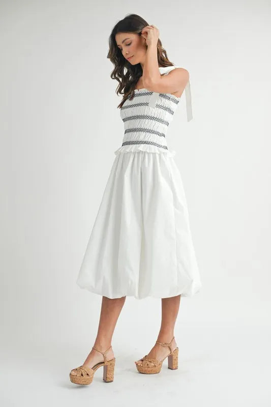 MABLE Smocked Bodice Bubble Midi Dress OutfitFlow