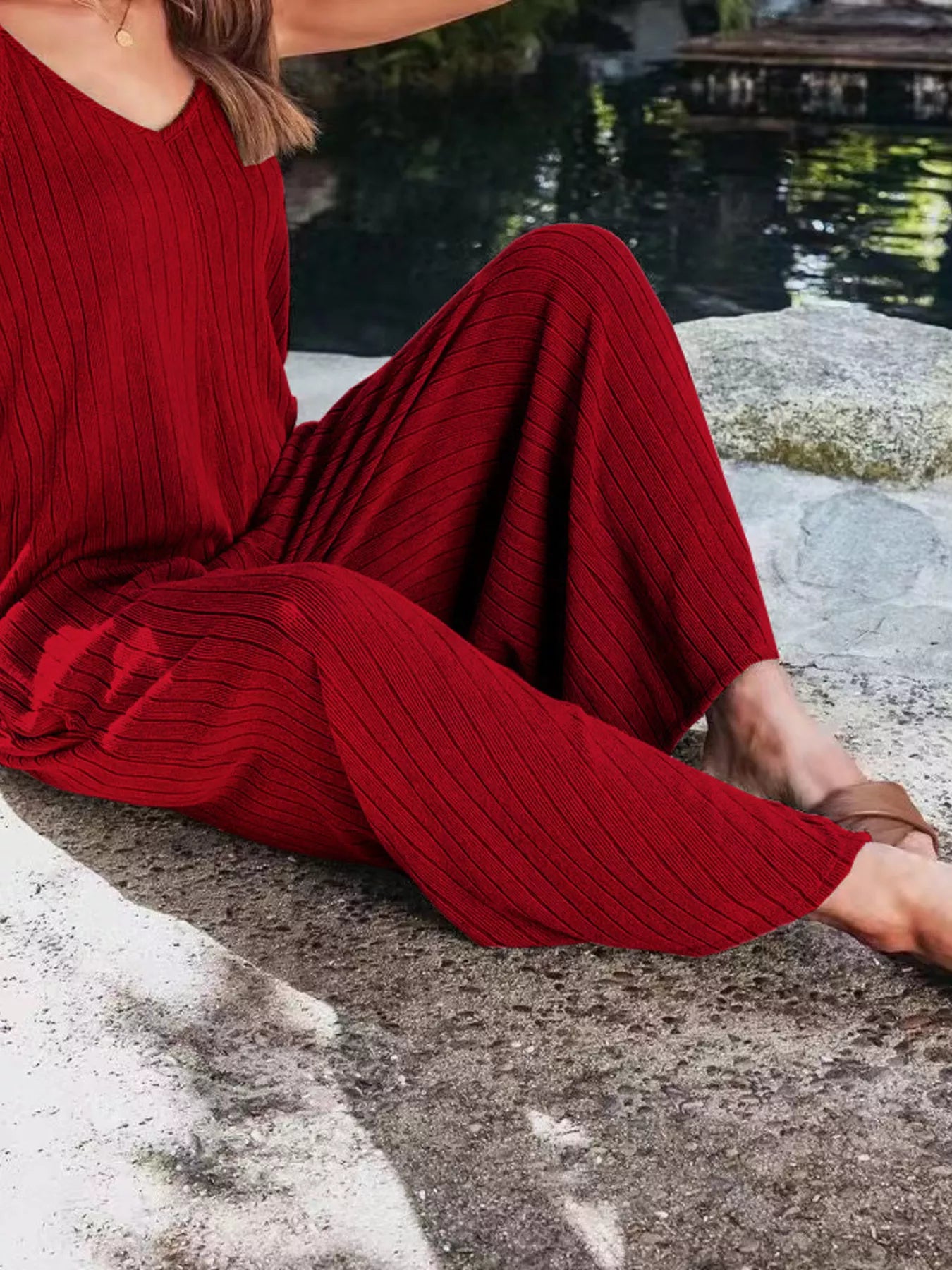 Ribbed V-Neck Wide Leg Jumpsuit OutfitFlow