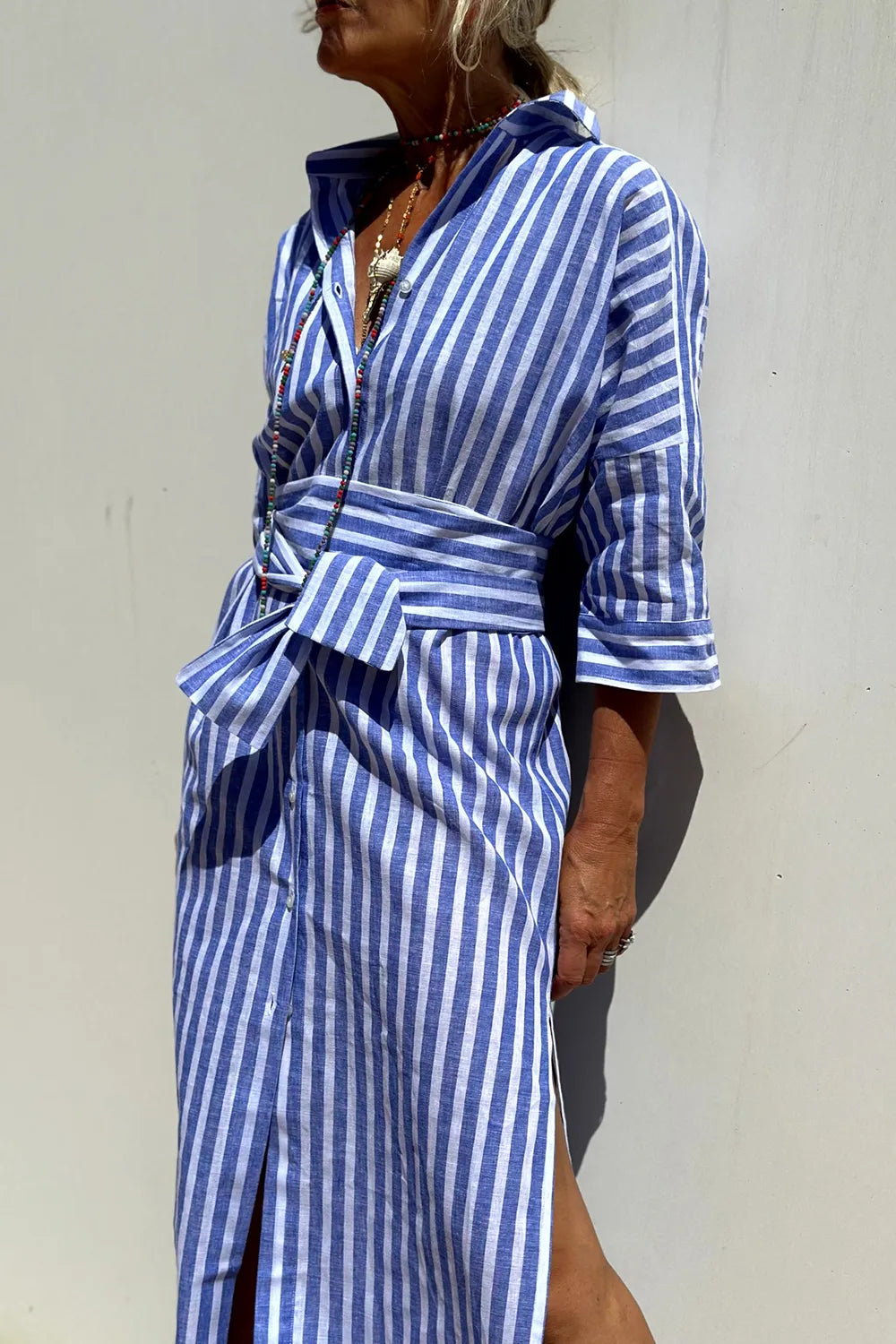 Tied Button Up Three-Quarter Sleeve Dress OutfitFlow