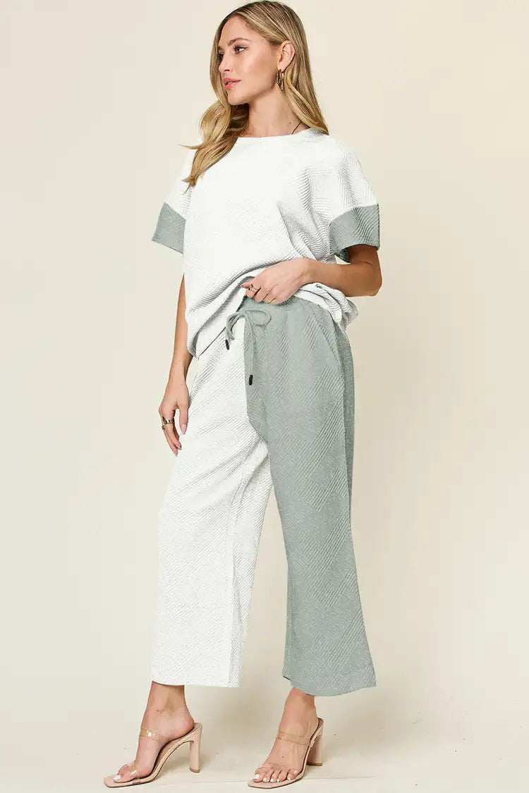 Outfit Flow - Double Take Full Size Texture Contrast T-Shirt and Wide Leg Pants Set