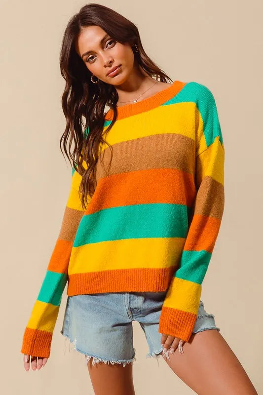 SO ME Multi Color Stripe Sweater with Ribbed Detail OutfitFlow