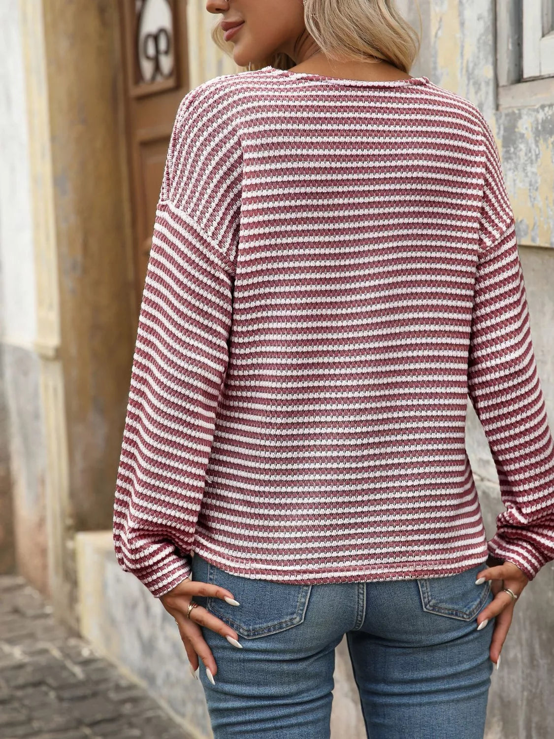 Striped Button Detail Long Sleeve T-Shirt Trendsi