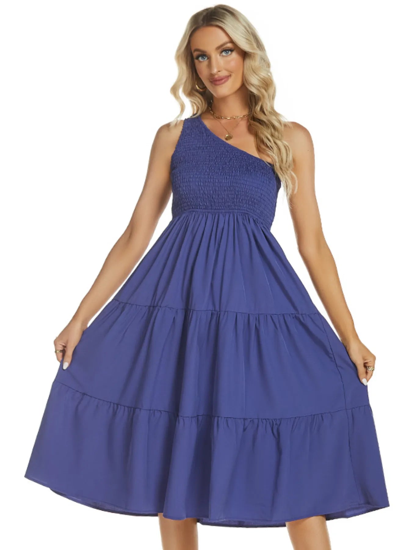 One-Shoulder Tiered Midi Dress with Smocked Bodice OutfitFlow
