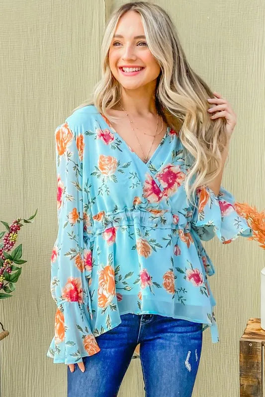 And The Why Floral Print Draw String Bell Sleeve Top OutfitFlow