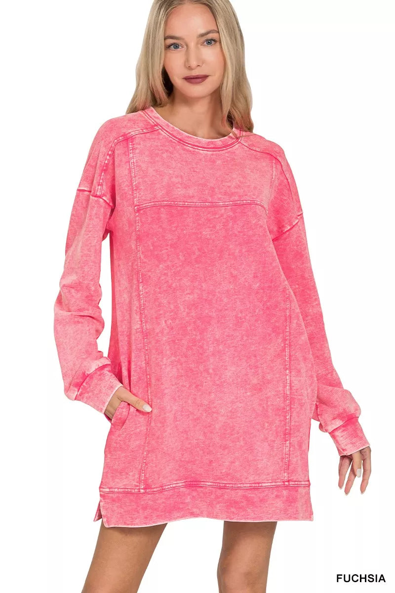 Zenana French Terry Acid Washed Dress with Pockets FUCHSIA OutfitFlow