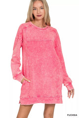 Zenana French Terry Acid Washed Dress with Pockets FUCHSIA OutfitFlow