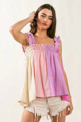 BiBi Frill Shoulder Strap Color Block Bodice Top OutfitFlow