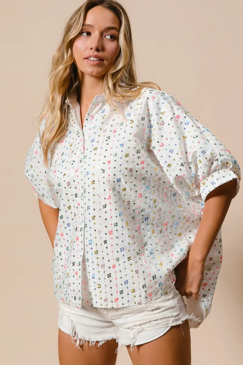 BiBi Sequin Striped Short Dolman Sleeve Blouse OutfitFlow