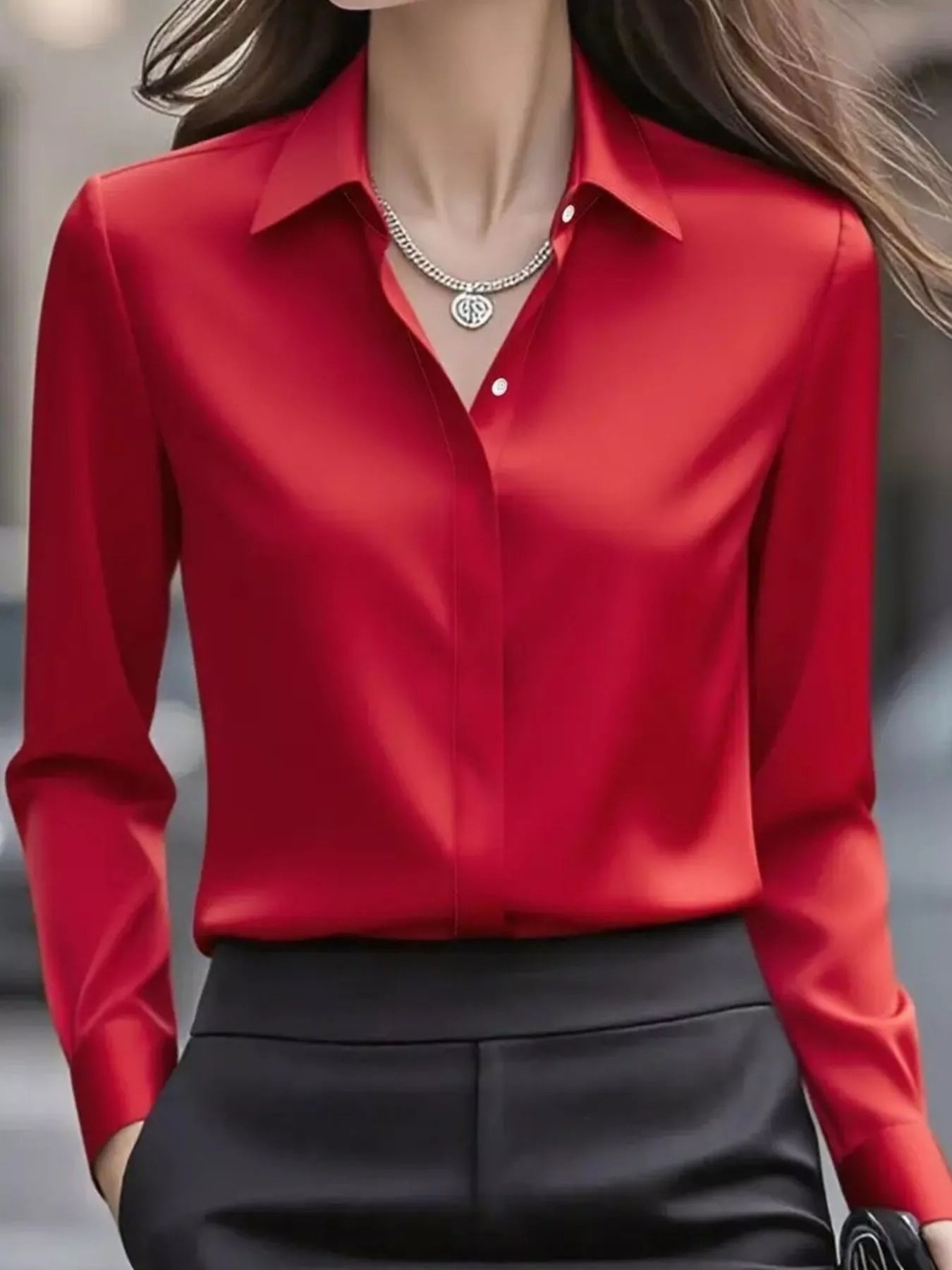 Button Down Collared Neck Long Sleeve Shirt Red OutfitFlow