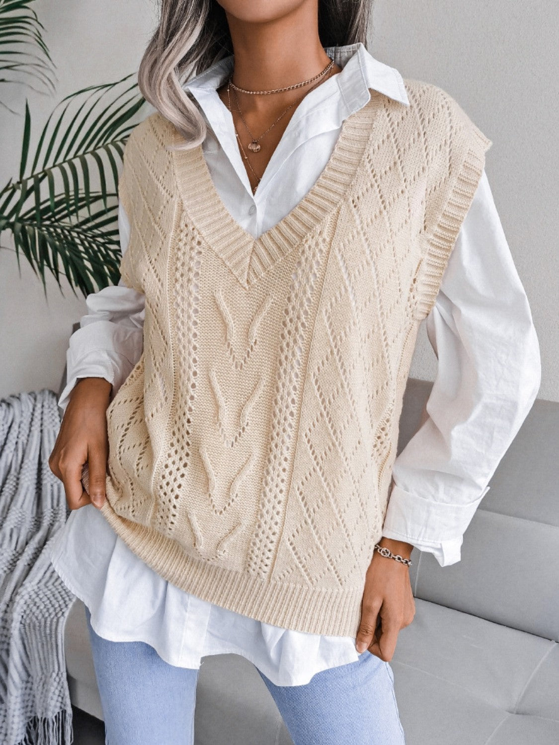 Outfit Flow - Openwork V-Neck Sweater Vest