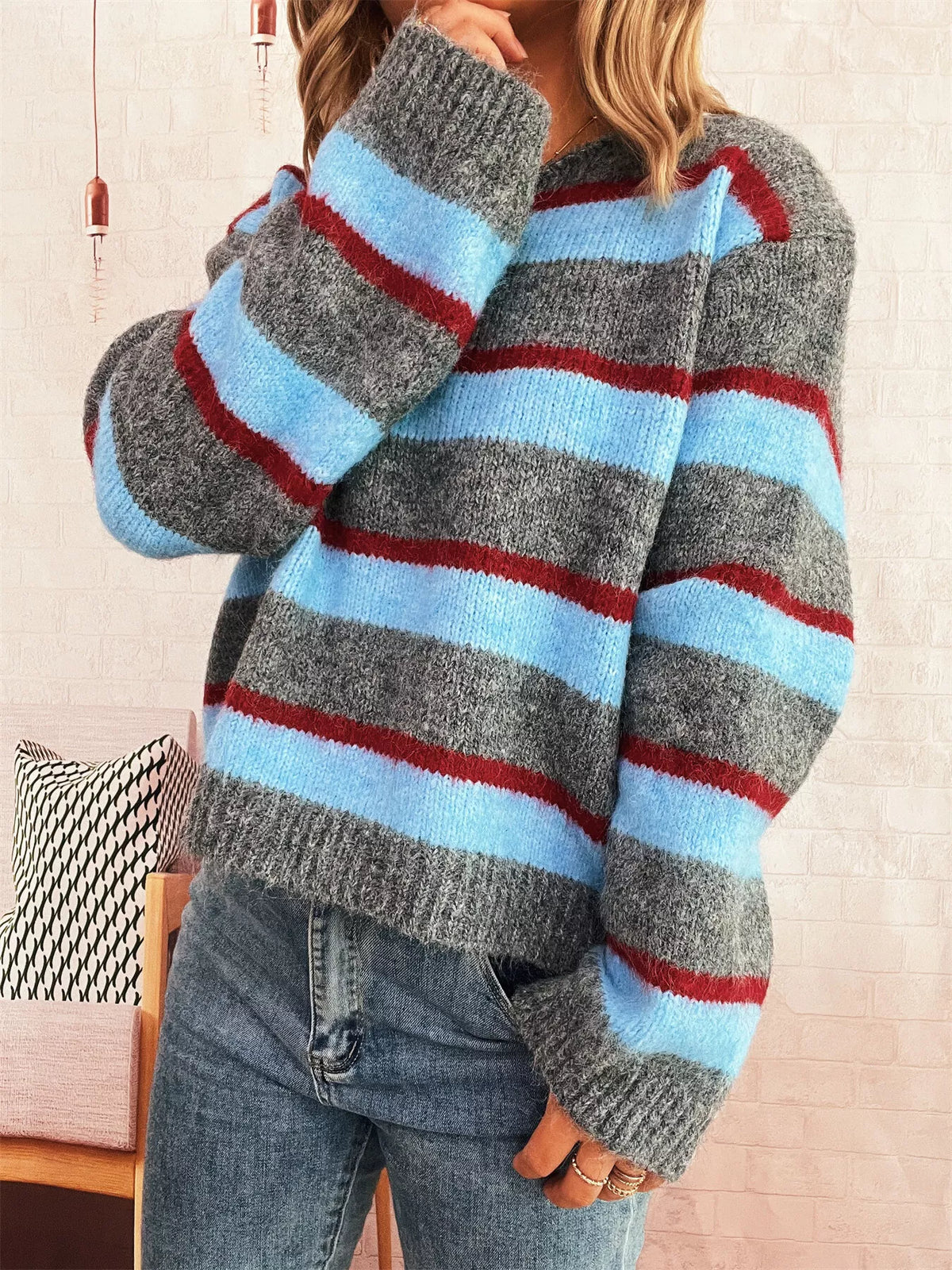 Striped Round Neck Long Sleeve Sweater Gray One Size OutfitFlow