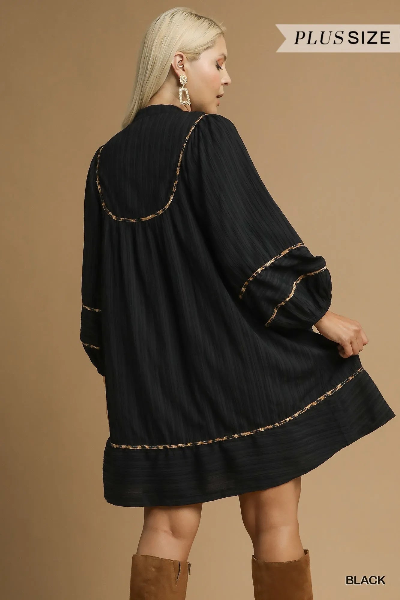 Umgee Full Size Textured Babydoll Dress with Leopard Trim Plus Size OutfitFlow