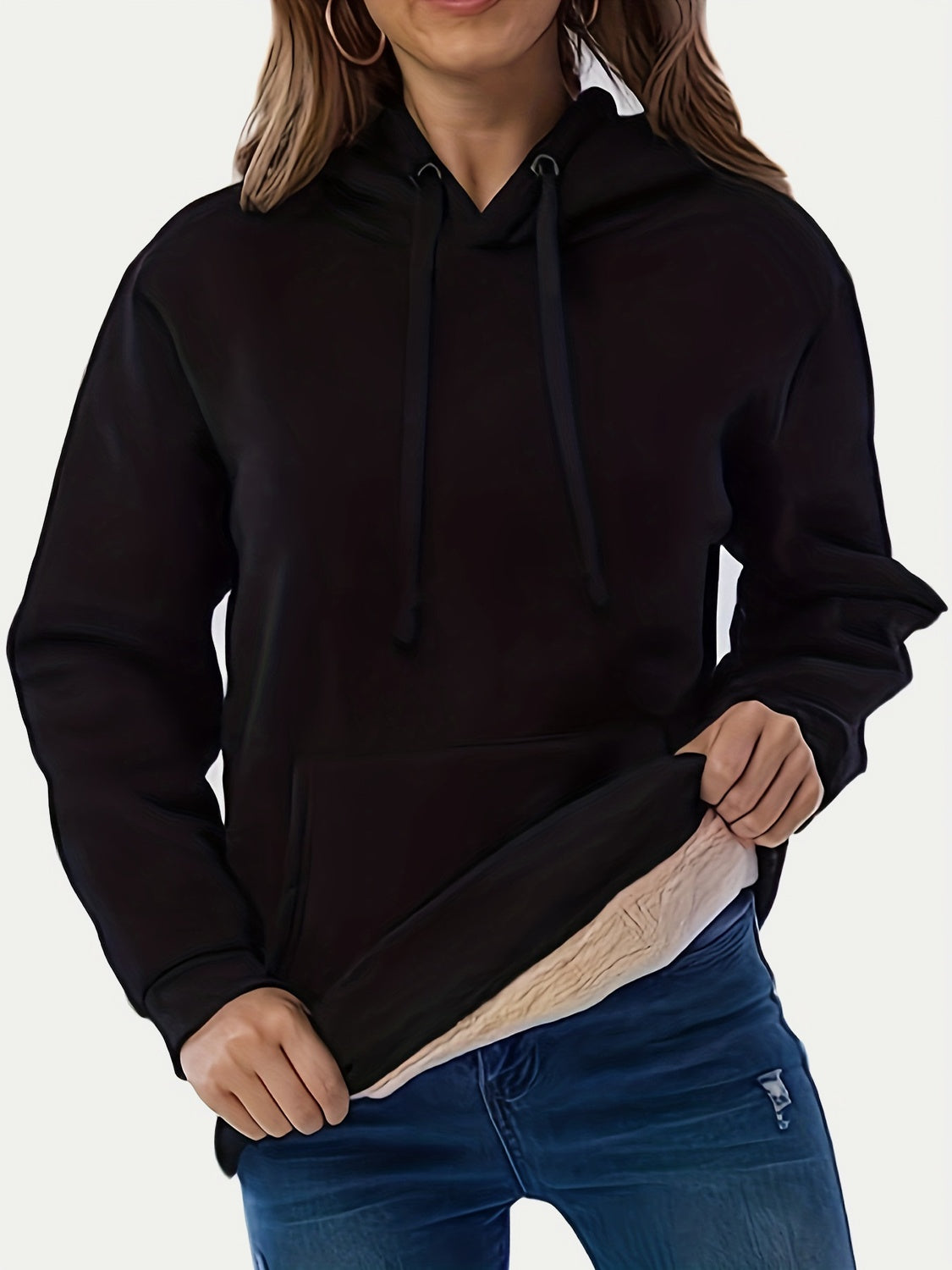 Drawstring Long Sleeve Hoodie with Kangaroo Pocket Black OutfitFlow