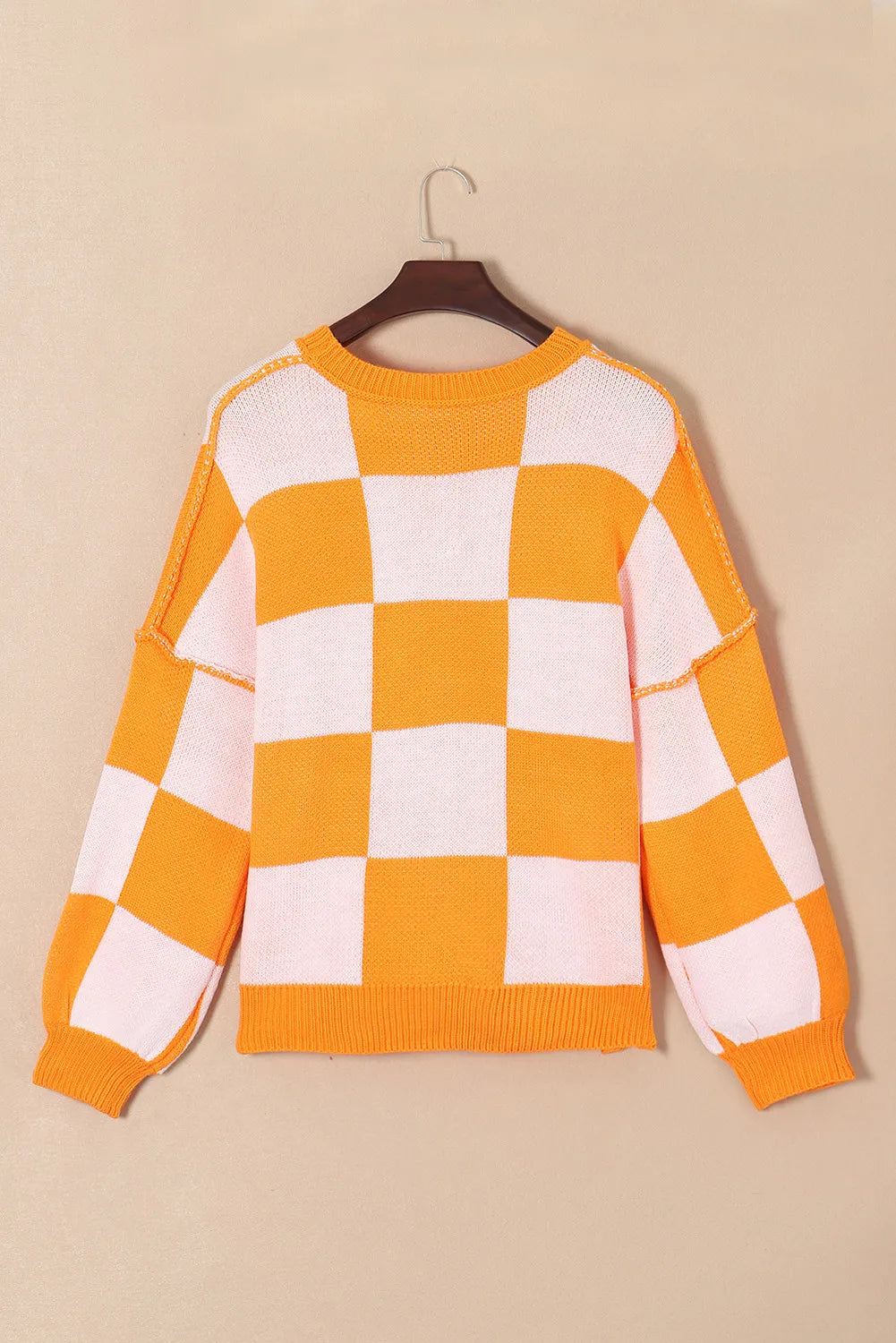 Pumpkin Checkered Round Neck Long Sleeve Sweater OutfitFlow
