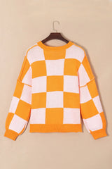 Pumpkin Checkered Round Neck Long Sleeve Sweater OutfitFlow