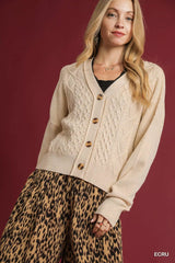 Umgee Chunky Cable Knit V-Neck Button-Up Cardigan ECRU OutfitFlow