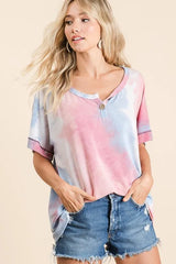 BiBi Tie Dye French Terry Top With Buttoned Placket OutfitFlow