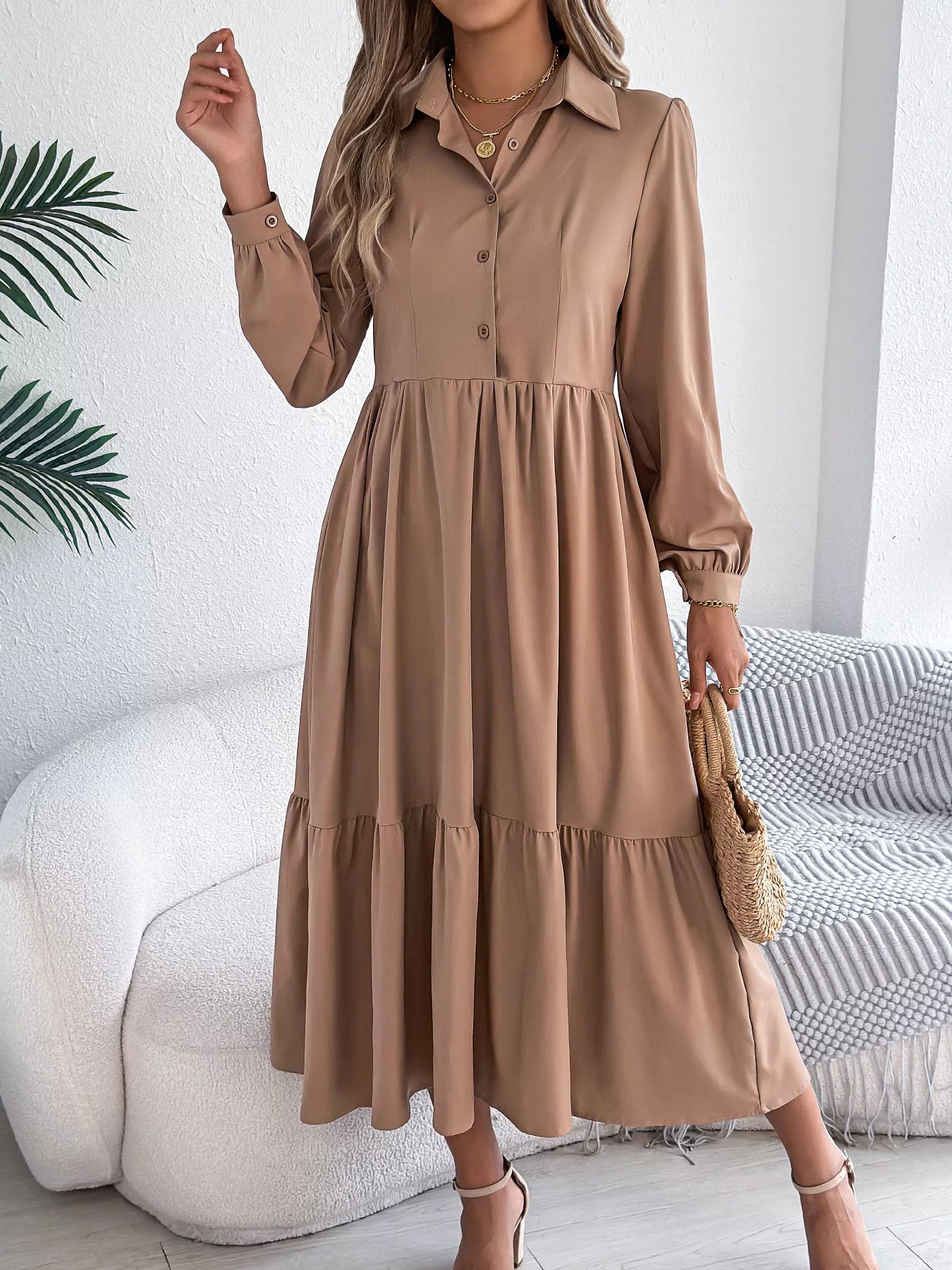Long Sleeve Tiered Button Front Midi Dress OutfitFlow