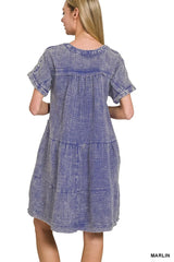 Zenana Washed Double Gauze Raw Edge V-neck Dress OutfitFlow