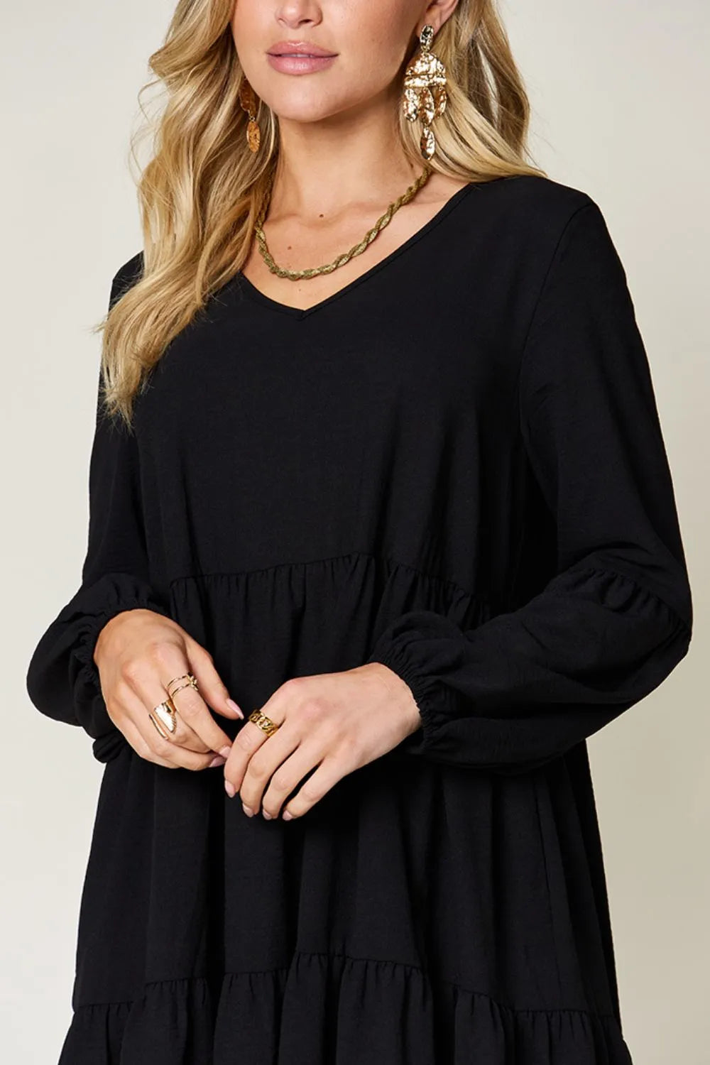 Double Take Full Size V-Neck Balloon Sleeve Tiered Dress with Pockets OutfitFlow