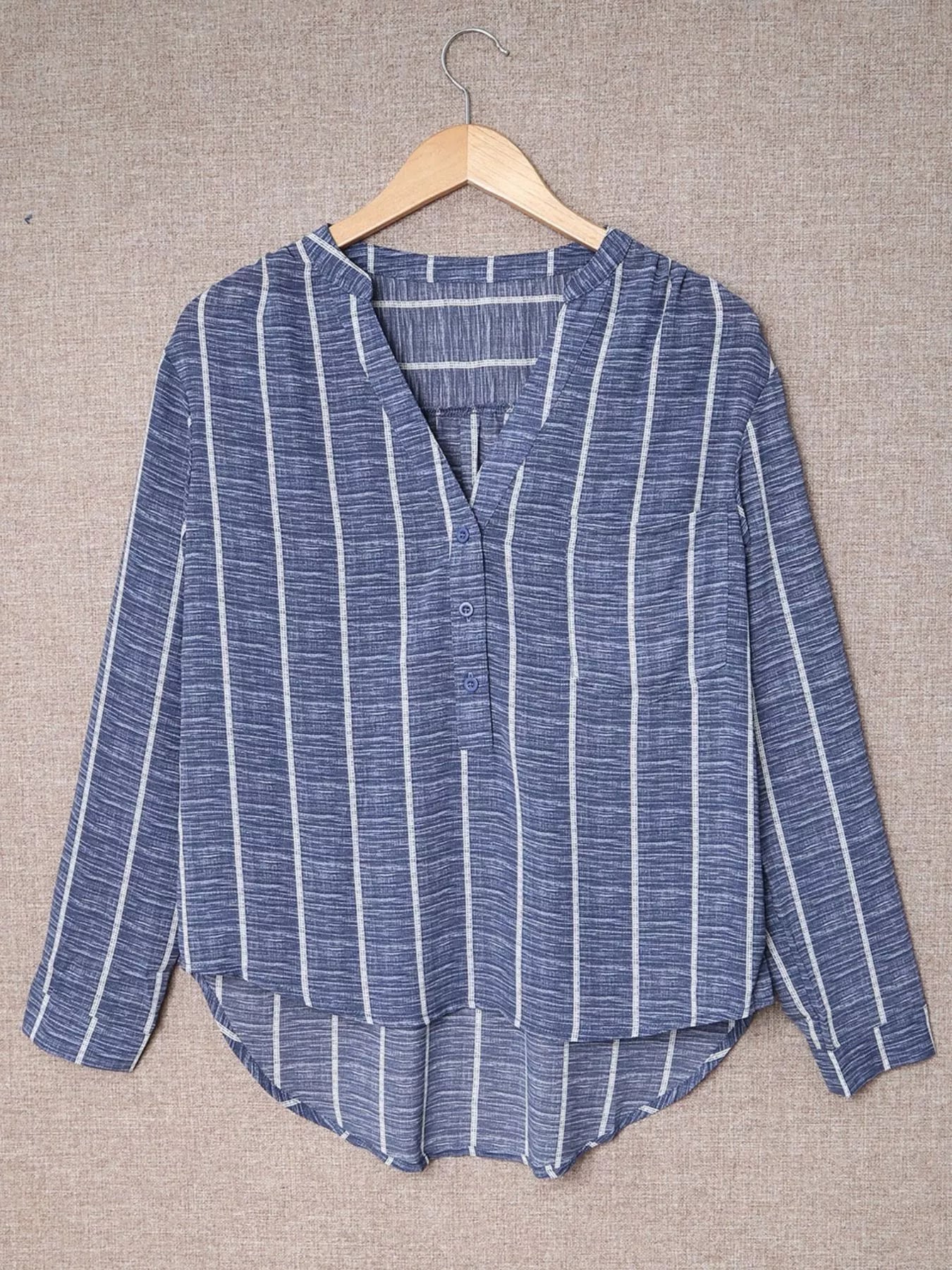 Striped Print V Neck Half Buttons Loose Blouse OutfitFlow