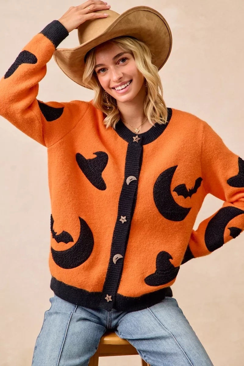BiBi Halloween Witch Hat Moon Bat Artwork Cardigan Trendsi