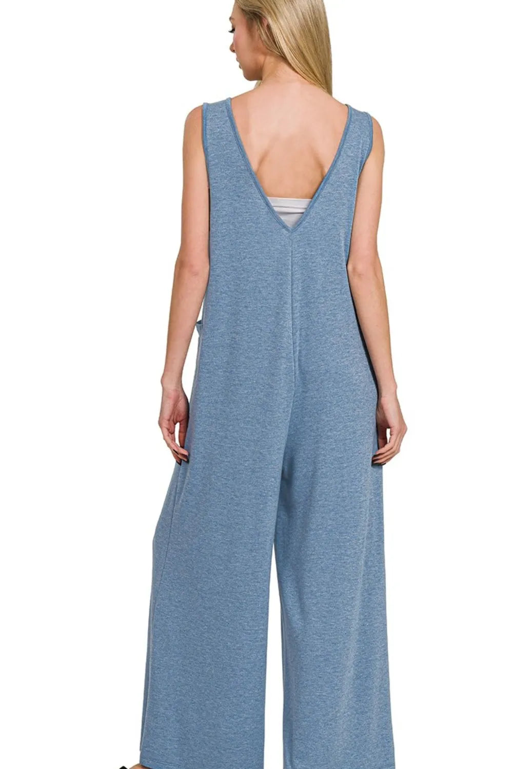 Zenana French Terry Deep V Neck Jumpsuits OutfitFlow