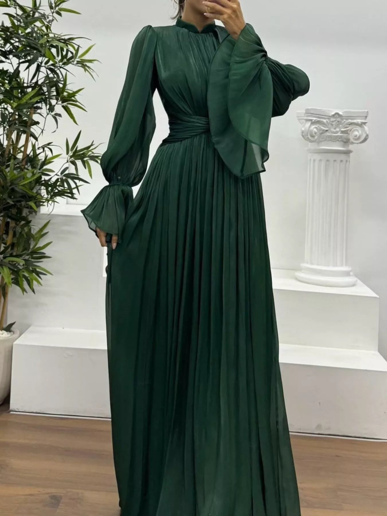 Pleated Mock Neck Long Sleeve Maxi Dress Peacock Blue OutfitFlow
