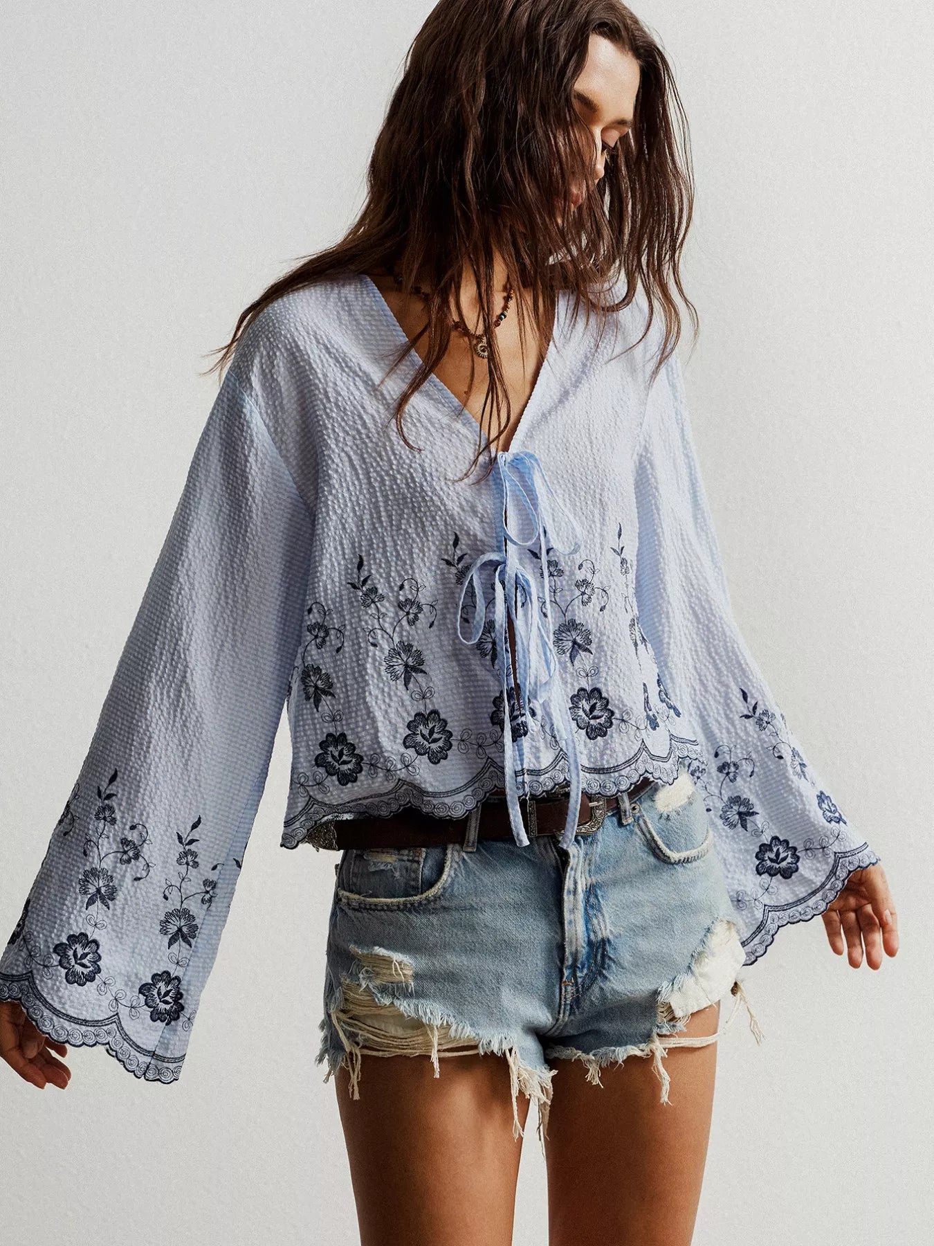 Floral Embroidered Tie-Front Blouse OutfitFlow