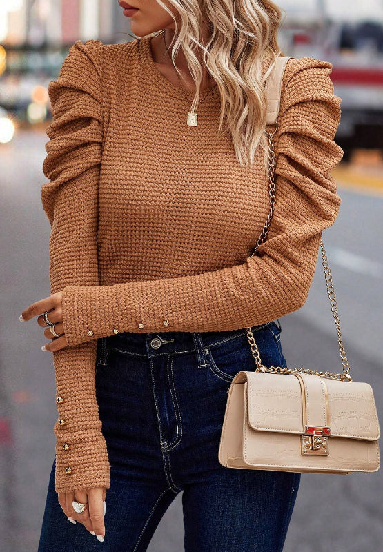 Decorative Button Round Neck Puff Sleeve Blouse OutfitFlow