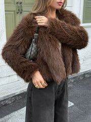Open Front Faux Fur Cropped Jacket OutfitFlow