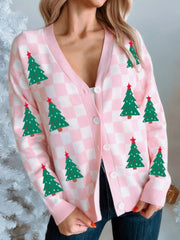 Christmas Tree Pattern Checkered Button V Neck Cardigan OutfitFlow