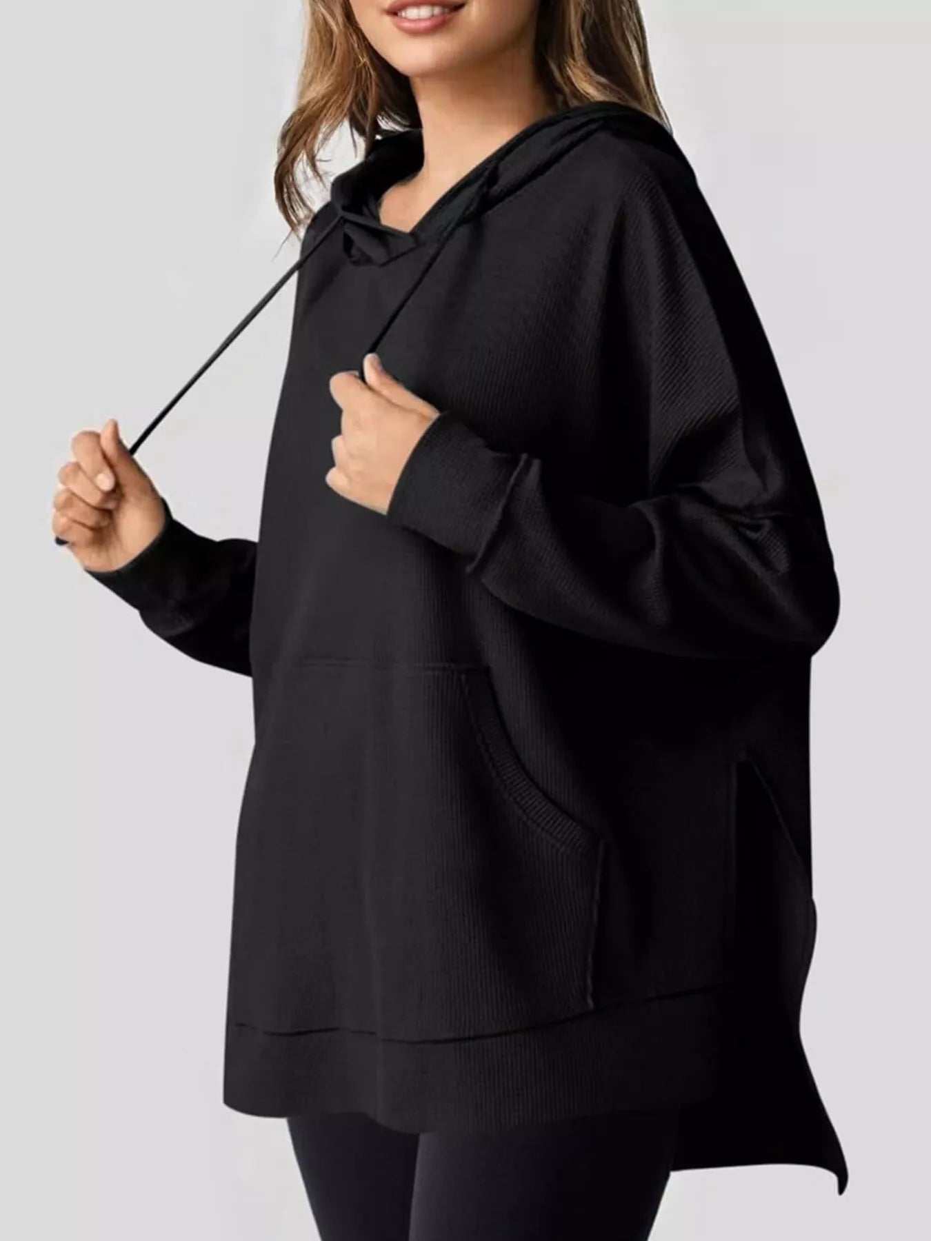 Oversized Drawstring Side Slit Hoodie Black OutfitFlow