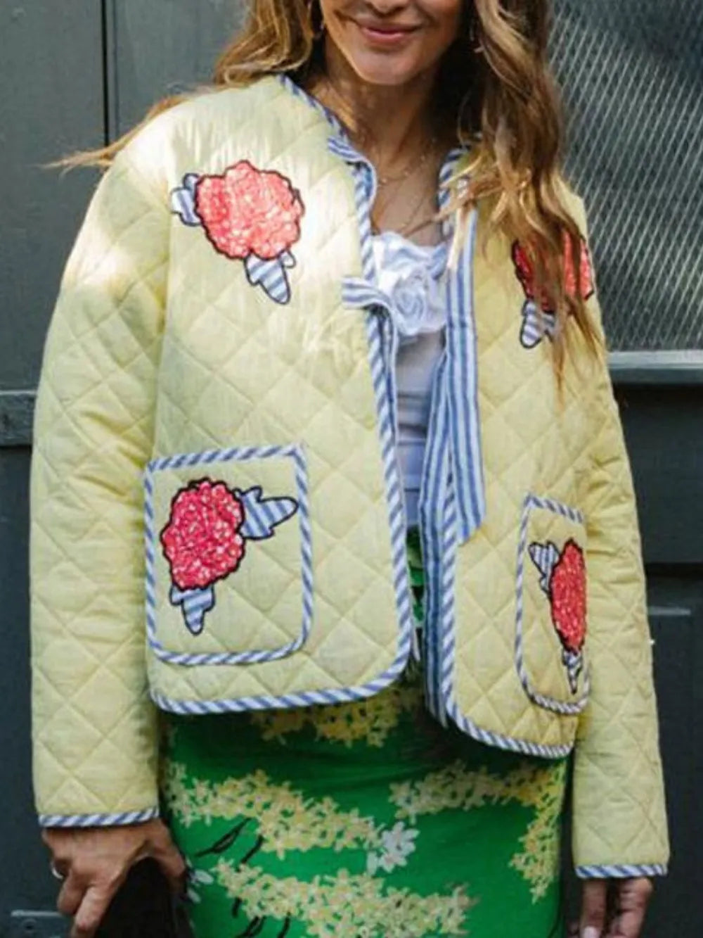 Embroidered Flower Tied Long Sleeve Winter Coat Trendsi