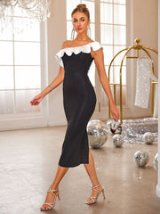 Slit Contrast Single Shoulder Midi Dress OutfitFlow