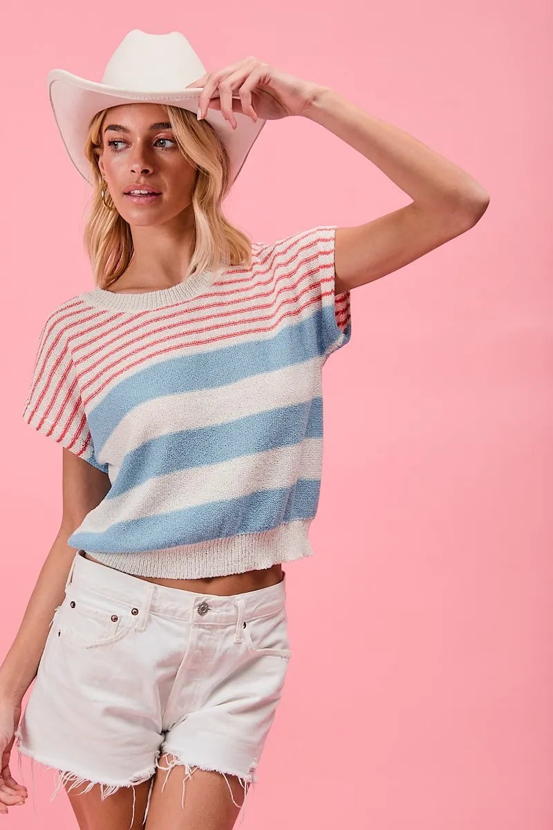 BiBi Stripes Lightweight Short Sleeve Sweater OutfitFlow