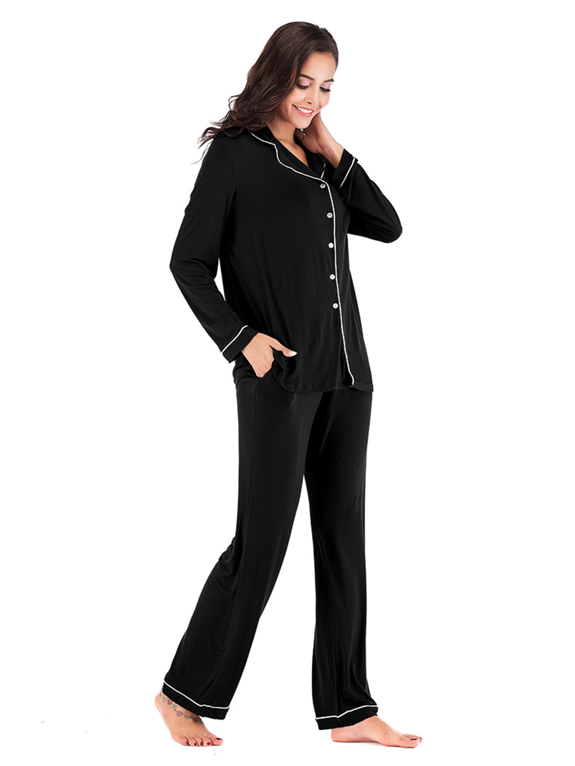 Outfit Flow - Collared Neck Long Sleeve Loungewear Set with Pockets