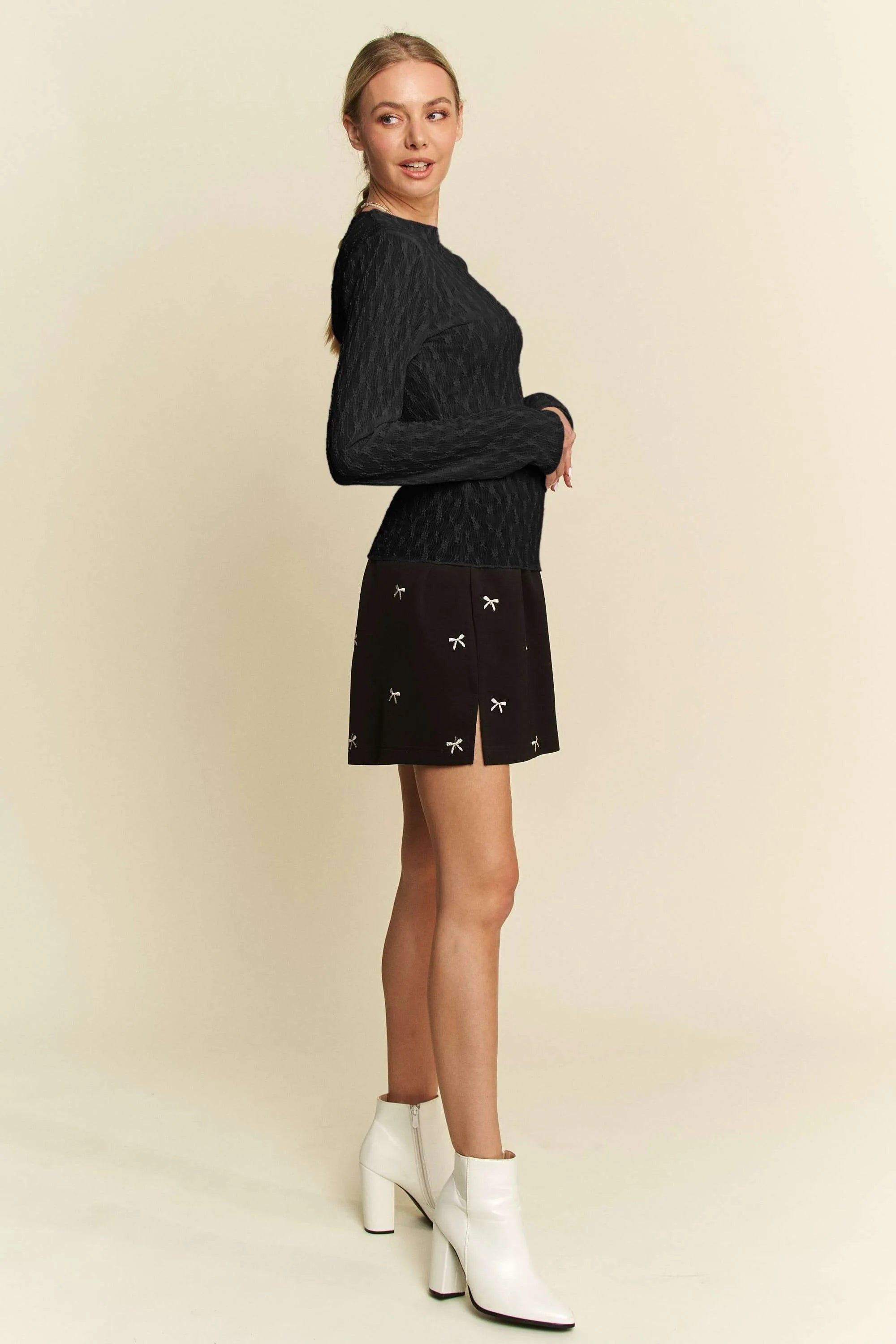 Davi & Dani Long Sleeve Sheer Small Embroidered Bows Lace Top OutfitFlow