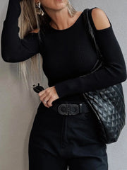 Ribbed Knit Cold Shoulder Sweater OutfitFlow