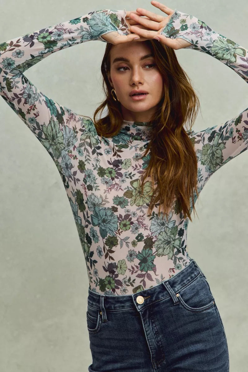 SO ME Floral Print Mesh Knit Long Sleeves Top OutfitFlow