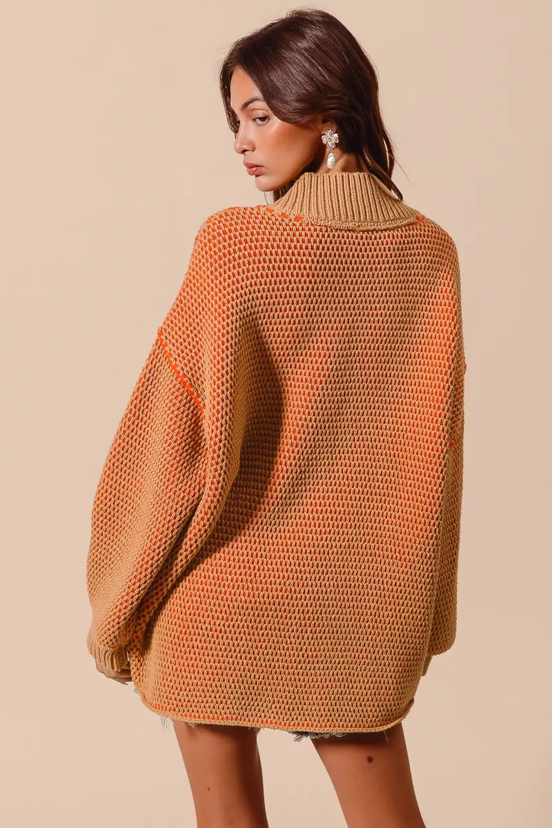 SO ME Oversized Two Tone Textured V Neck Sweater OutfitFlow