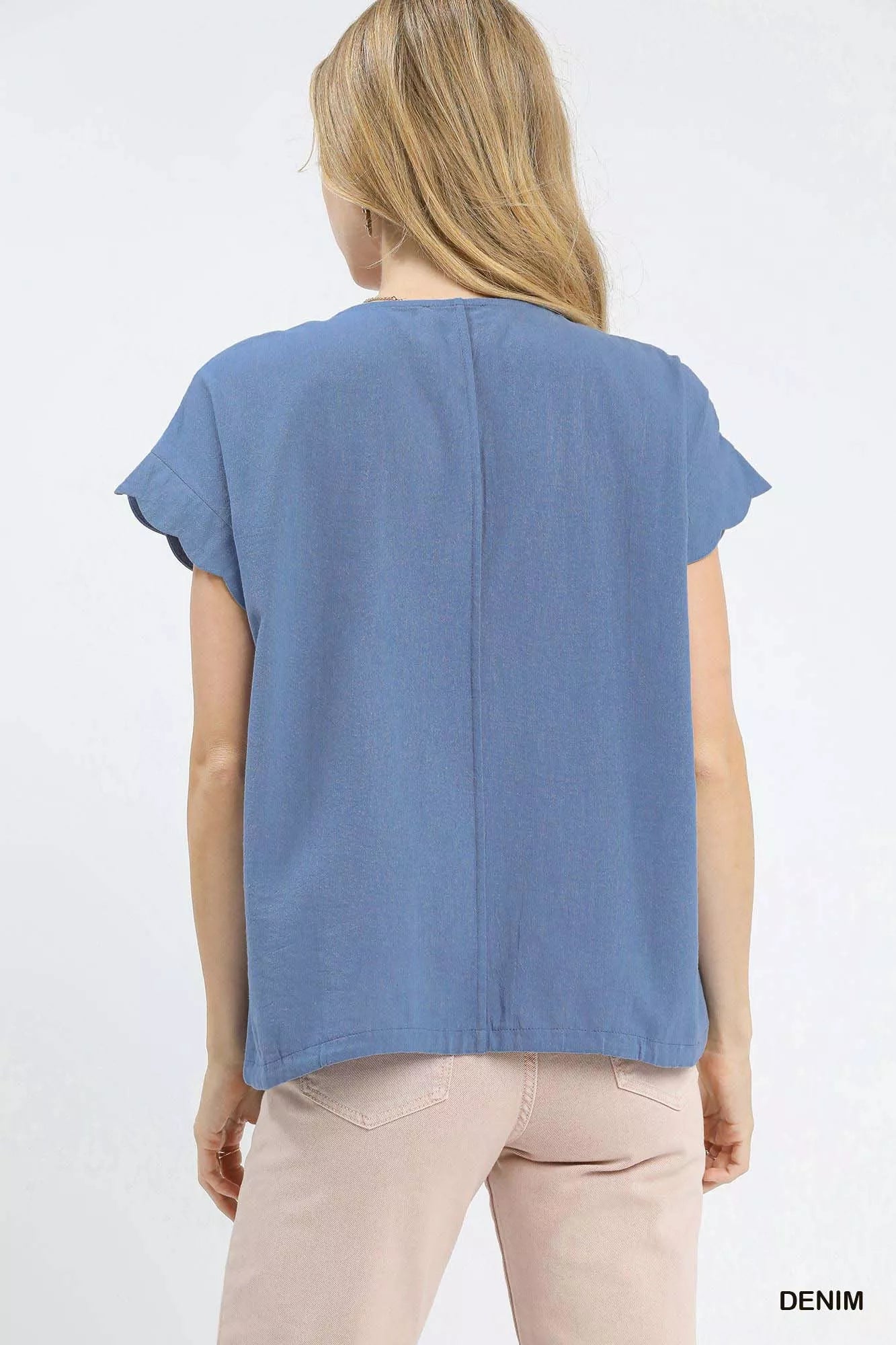 Umgee Embroidered Scallop Sleeve Top with Drawstring Hem OutfitFlow