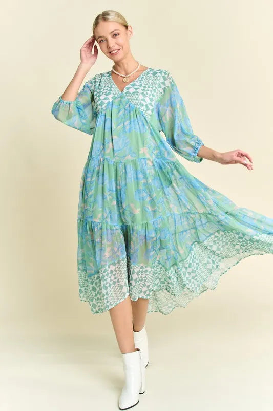 Davi & Dani Geo and Floral Print Mixed Tiered Dress Mint Green OutfitFlow