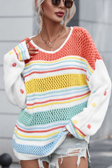 Outfit Flow - Hollow Striped Color Block Round Neck Sweater